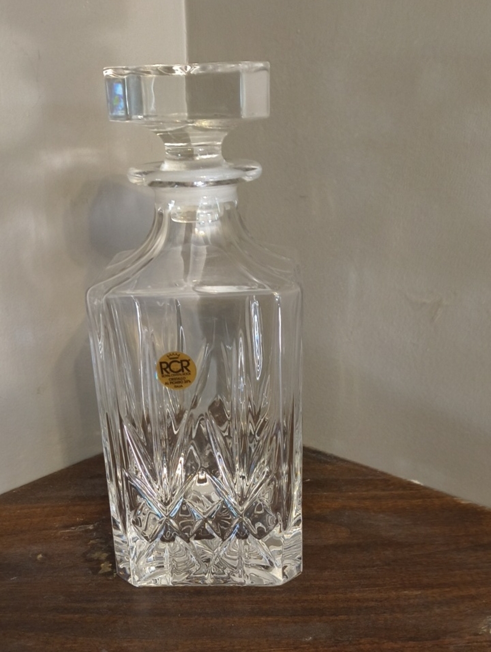 8" Clear Cut Crystal Decanter Square Starburst RCR Excellent Condition Ca. 1980